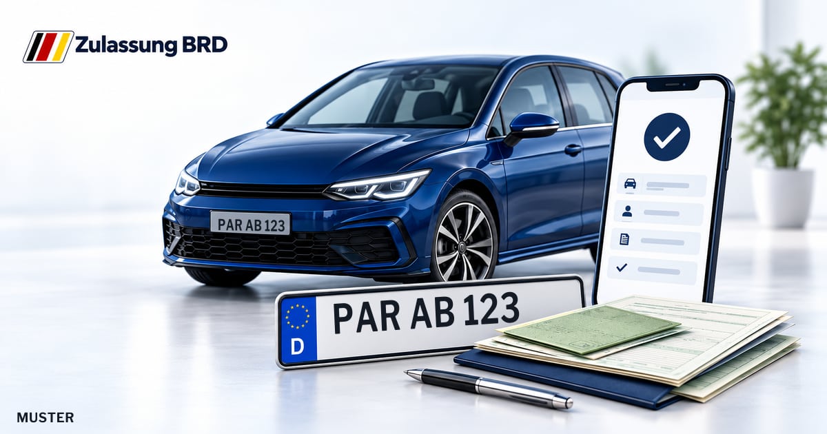 Online Fahrzeugzulassung in Parsberg: Musterkennzeichen PAR AB 123, Auto und Fahrzeugpapiere und Smartphone. Illustration mit Logo von Zulassung BRD.